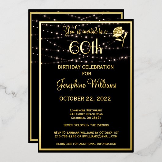 Invitation En Aluminium Soixante 60 Anniversaire Noir VÉRITABLE Or (Recto/Verso)