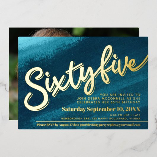 Invitation En Aluminium Soixante-cinq 65e anniversaire aqua turquoise or p (Recto/Verso)