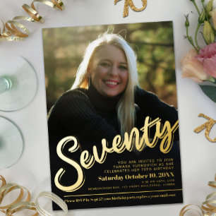 Invitation En Aluminium Soixante-dix Script photo adulte anniversaire or 