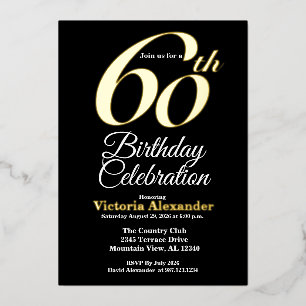 Invitation En Aluminium Soixantième Anniversaire Élégant Or et Noir