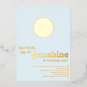 Invitation En Aluminium Soleil Bleu Or Soleil Bébé Premier anniversaire