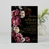 Invitation En Aluminium Sombre Moody Blush Bourgogne Floral Mariage Or (Debout devant)