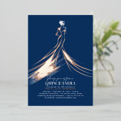 Invitation En Aluminium Sophistiqué Marine bleu & Rose or Quinceanera (Debout devant)