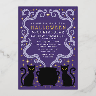 Invitation En Aluminium Sorcellerie Violette Chat Noir Chaudron Fête Hallo