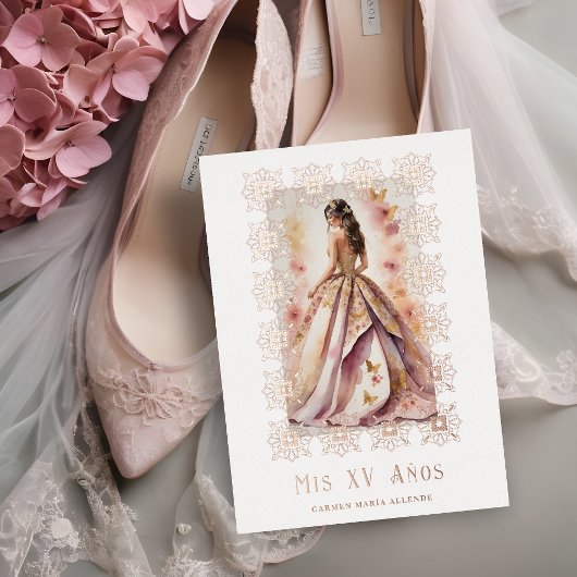 Invitation En Aluminium Spanish Glam Quinceañera Rose Gold Ornate Frame