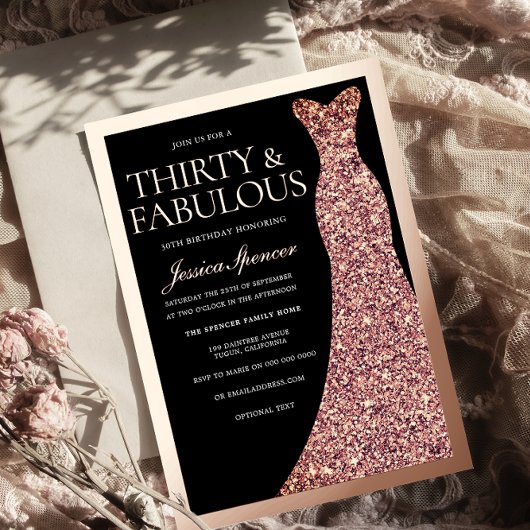 Invitation En Aluminium Sparkle Dress 30th Birthday Party Black Rose Gold