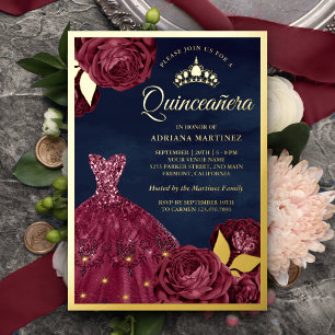 Invitation En Aluminium Sparkle Gown Bourgogne Floral Navy Quinceanera Gol