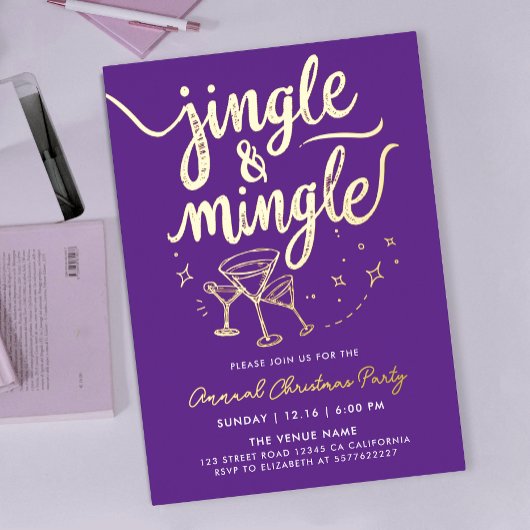 Invitation En Aluminium Sparkly Gold Purple Jingle Mingle Cocktail Doodles