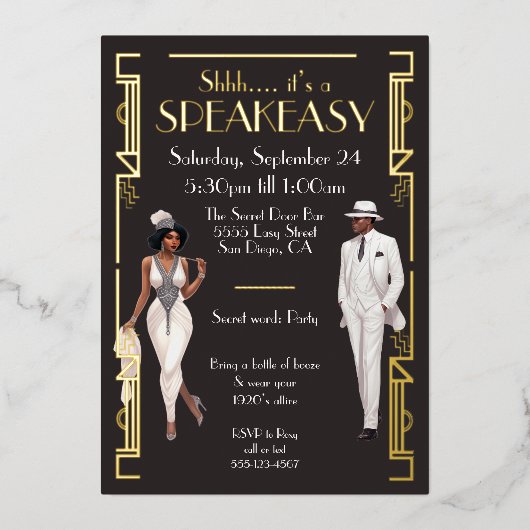 Invitation En Aluminium Speakeasy Flapper Party afro-américain noir (Recto)