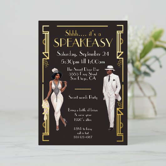 Invitation En Aluminium Speakeasy Flapper Party afro-américain noir (Debout devant)