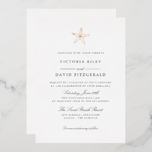Invitation En Aluminium Starfish Elegant Ocean Beach MARIAGE ROSE OR V2 (Recto/Verso)