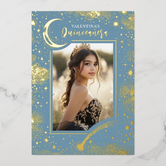 Invitation En Aluminium Stars d'or céleste Lune Nuit Quinceanera Photo (Recto)