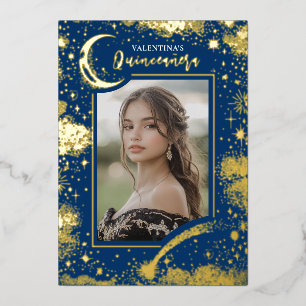 Invitation En Aluminium Stars d'or céleste Lune Nuit Quinceanera Photo