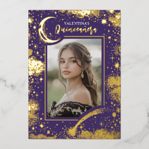 Invitation En Aluminium Stars d'or céleste Lune Nuit Quinceanera Photo