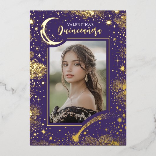 Invitation En Aluminium Stars d'or céleste Lune Nuit Quinceanera Photo (Recto)