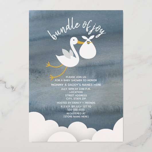 Invitation En Aluminium Stork White Bundle Of Joy Stars Baby shower (Recto)