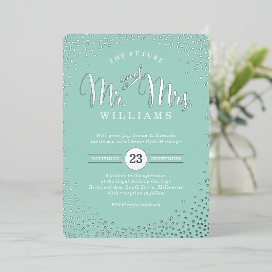 Invitation En Aluminium STYLE MODERNE MARIAGE mini confetti menthe argent (Debout devant)