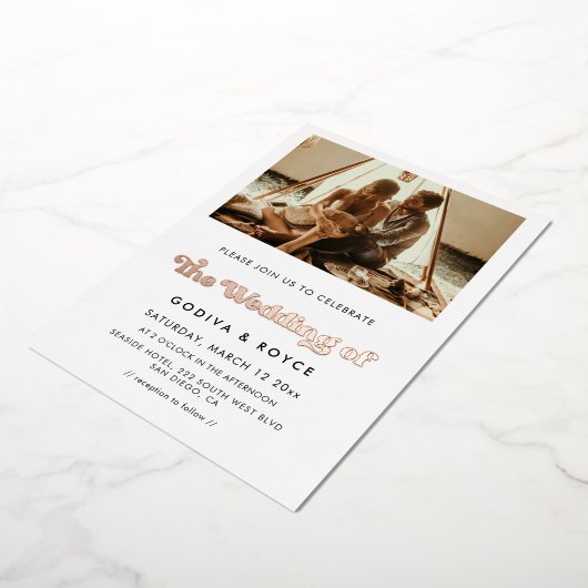 Invitation En Aluminium Style rétro mariage photo rose or (Rotation)