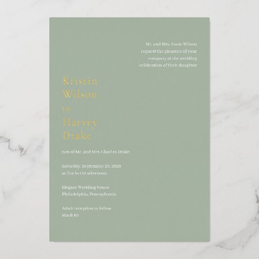 Invitation En Aluminium Style Sage Green Mariage moderne (Recto)