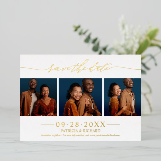 Invitation En Aluminium Stylish 3 Photos Mariage Enregistrer La Date (Debout devant)