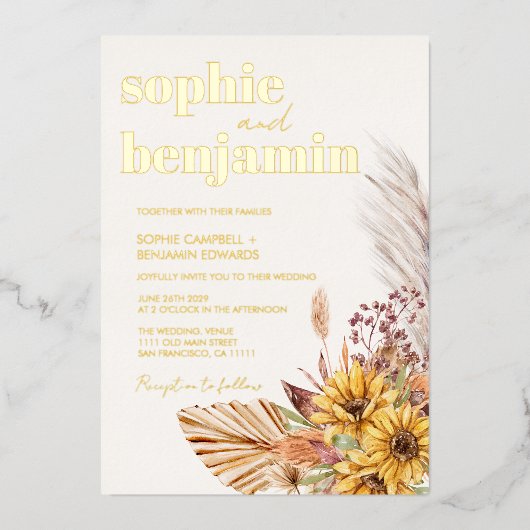 Invitation En Aluminium Sunflower Boho Pampas Fleurs séchées Or Mariage (Recto)