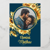 Invitation En Aluminium Sunflower Navy Blue Photo Mariage Gold (Recto)