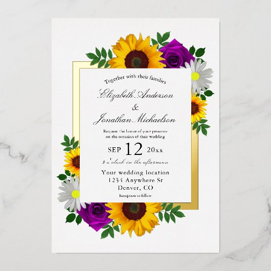 Invitation En Aluminium Sunflower Rose Daisy Automne Floral Mariage (Recto)