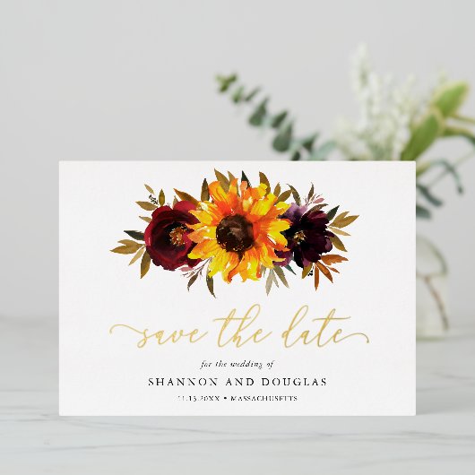 Invitation En Aluminium Sunflower Rustique Mariage Élégant Enregistrer La (Debout devant)