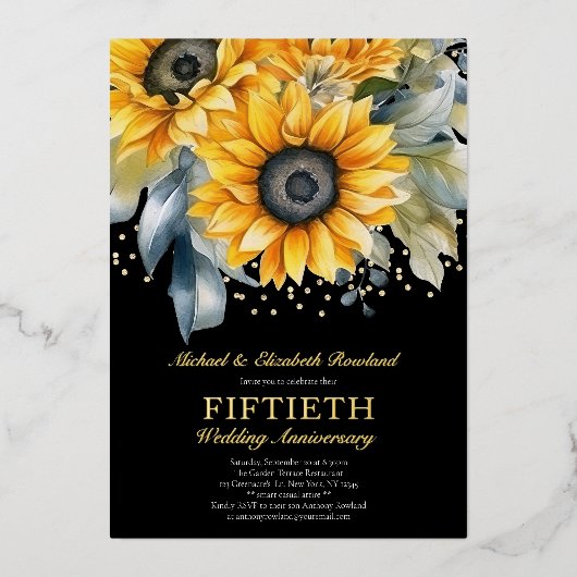 Invitation En Aluminium Sunflowers moderne Gold 50e anniversaire Mariage (Recto)