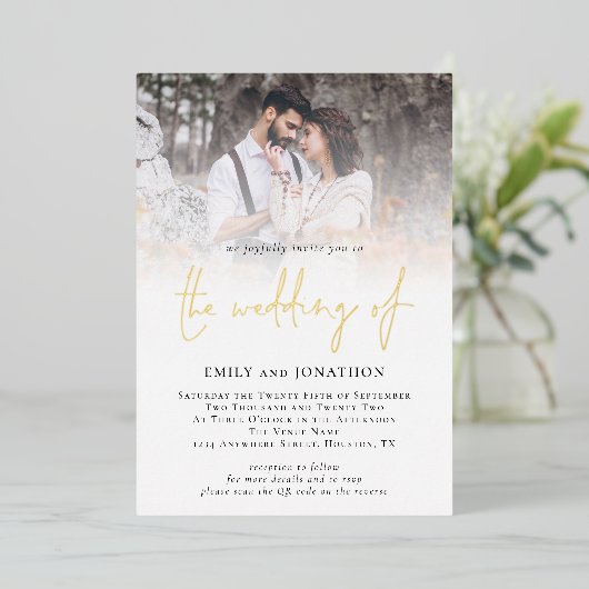 Invitation En Aluminium Superposition photo Code QR Script Mariage réel (Debout devant)