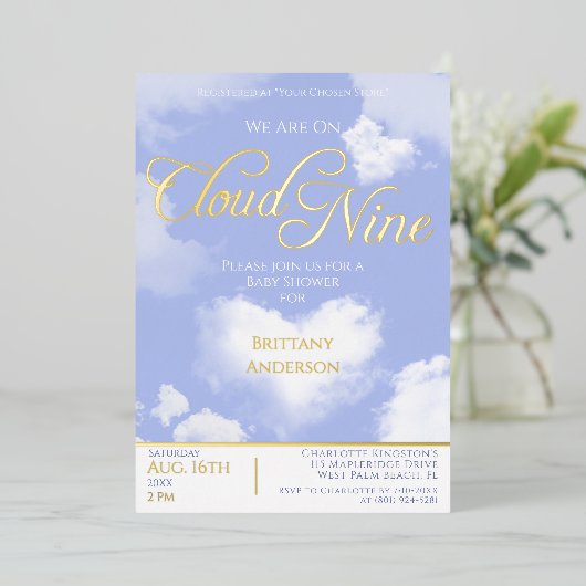 Invitation En Aluminium Sur Cloud Neuf Élégant Script Baby shower Or (Debout devant)