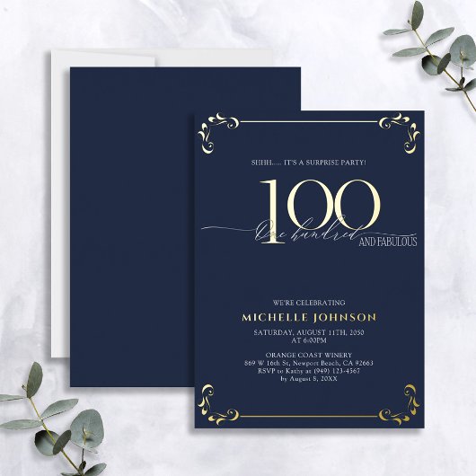 Invitation En Aluminium Surprise 100 & Fabuleux Anniversaire Bleu & Or