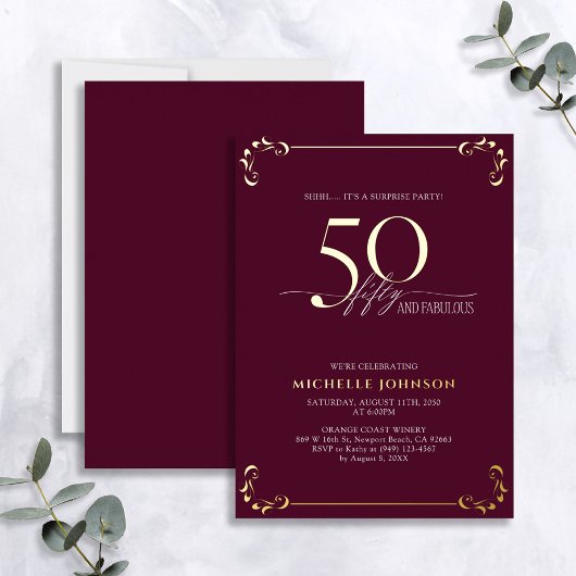 Invitation En Aluminium Surprise 50 & Fabuleux Anniversaire Bourgogne & Or