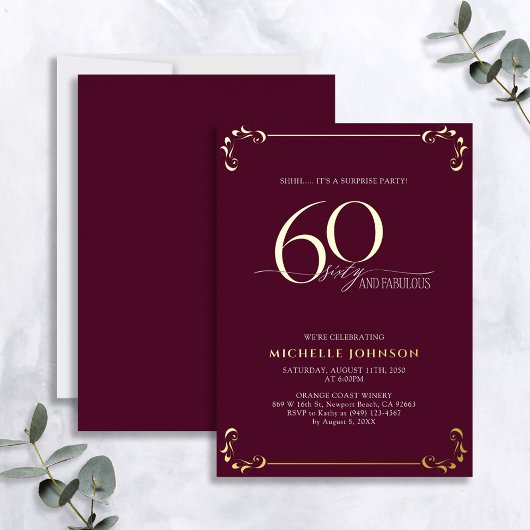 Invitation En Aluminium Surprise 60 & Fabuleux Anniversaire Bourgogne & Or