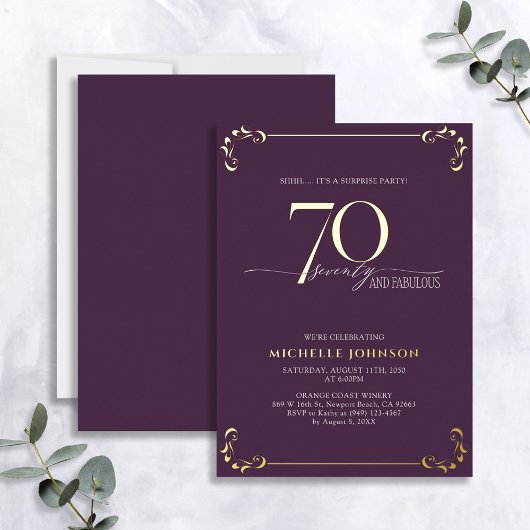 Invitation En Aluminium Surprise 70 & Fabuleux Purple & Gold Anniversaire