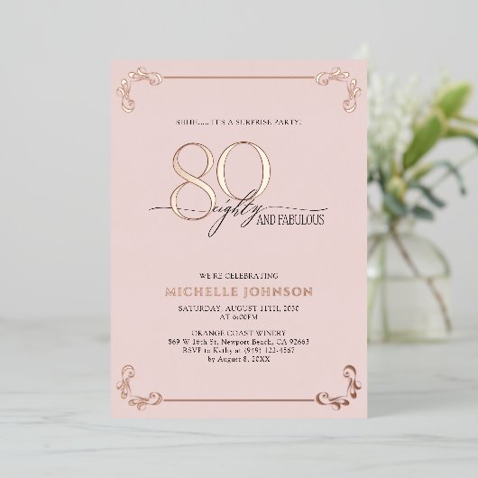 Invitation En Aluminium Surprise 80 & Fabulous Rose Gold Anniversaire (Debout devant)