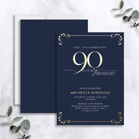 Invitation En Aluminium Surprise 90 & Fabulous Blue & Gold Birthday
