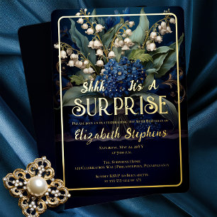Invitation En Aluminium Surprise élégante baroque fleurs bleues 50e annive