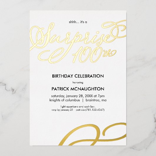 Invitation En Aluminium Surprise Party 100e anniversaire Gold Foil Invitat (Recto)
