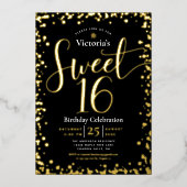 Invitation En Aluminium Sweet 16 Anniversaire Moderne Fille Noir Vrai Or (Recto)