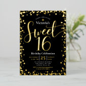 Invitation En Aluminium Sweet 16 Anniversaire Moderne Fille Noir Vrai Or (Debout devant)