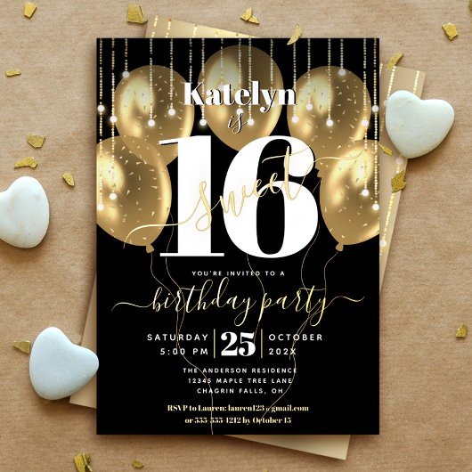 Invitation En Aluminium Sweet 16 Balloons Script Anniversaire Black Real G