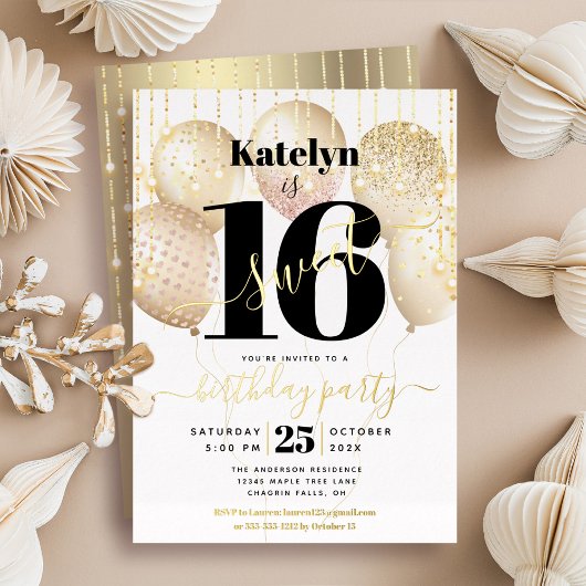 Invitation En Aluminium Sweet 16 Balloons Script Anniversaire Blanc Vrai O