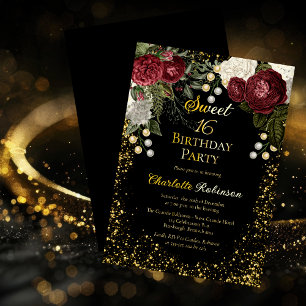 Invitation En Aluminium Sweet 16 Glam Bourgogne Rose Floral fête d'anniver