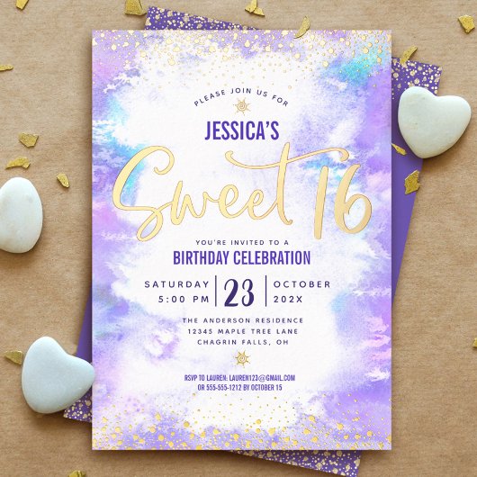 Invitation En Aluminium Sweet 16 Script Purple Aquarelle Glam Real Gold