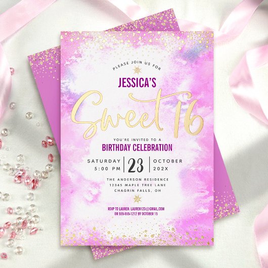 Invitation En Aluminium Sweet 16 Script Rose Aquarelle Girly Real Gold