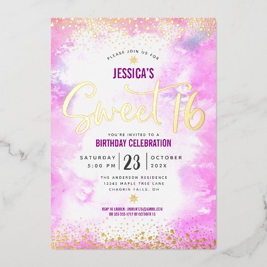 Invitation En Aluminium Sweet 16 Script Rose Aquarelle Girly Real Gold (Recto)