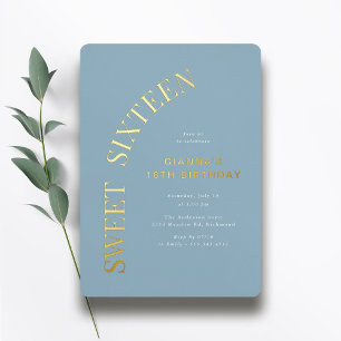Invitation En Aluminium Sweet Sixteen Bleu Poussiéreux et Or 16e Anniver