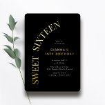 Invitation En Aluminium Sweet sixteen | Cool Noir et Or 16e anniversaire<br><div class="desc">Moderne doux 16 invitations avec véritable feuille métallique. Noir et doré.</div>