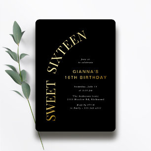 Invitation En Aluminium Sweet sixteen   Cool Noir et Or 16e anniversaire